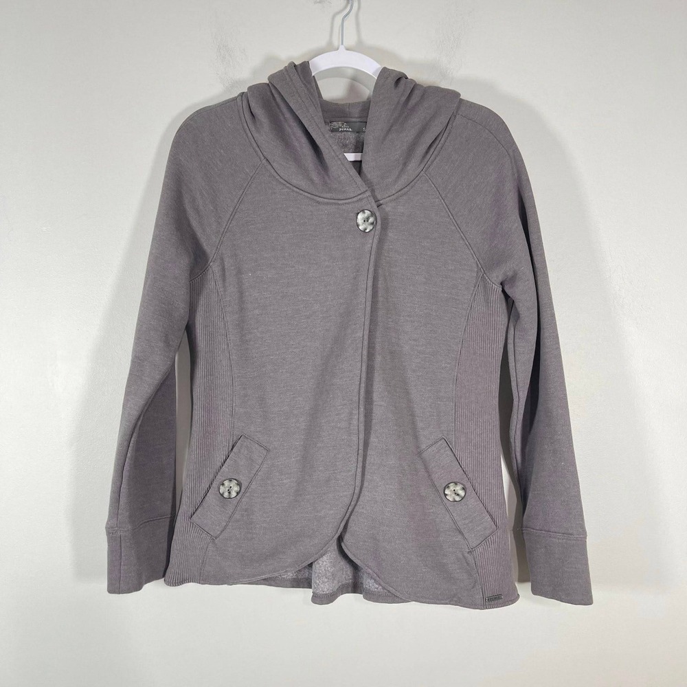 Prana Darby Jacket Wms Small Blue Gray Cotton Fleece Hood Button Pleated Pocket